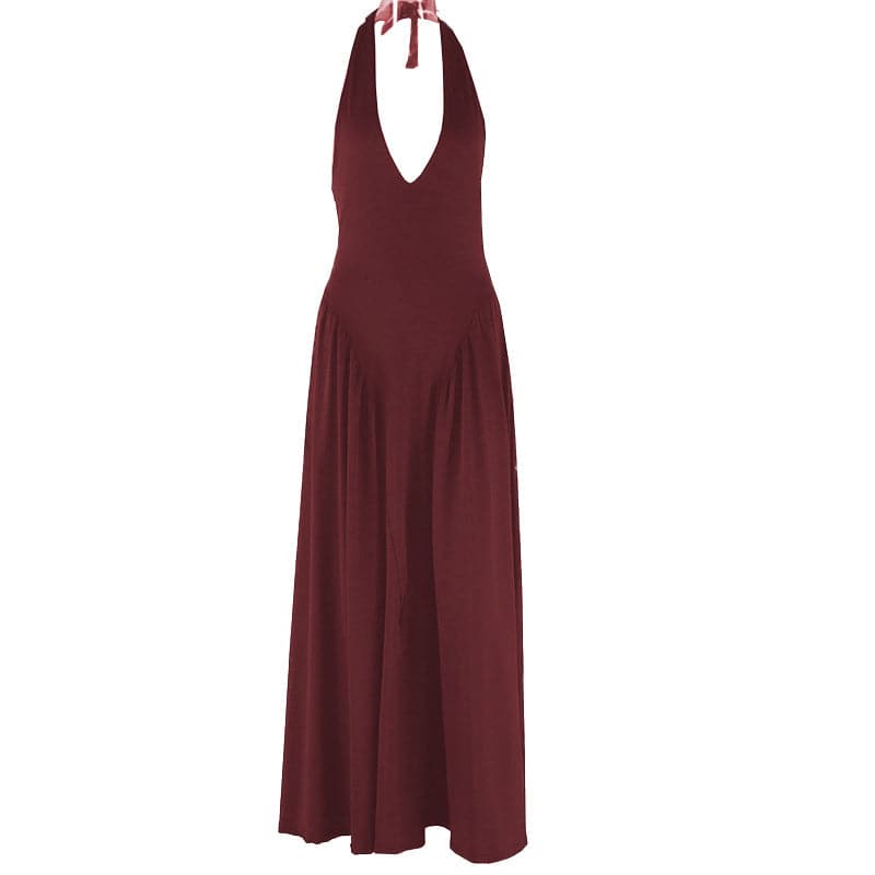 Halter v neck backless solid maxi dress  | Festival Outfits Women