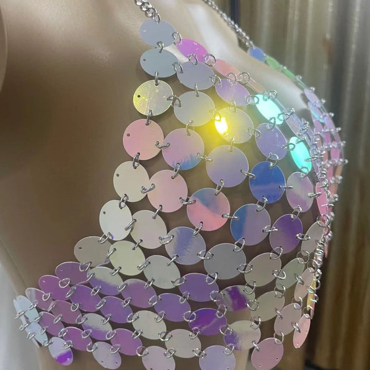 Halter glitter hollow out metal chain cut out top  | Festival Outfits Women