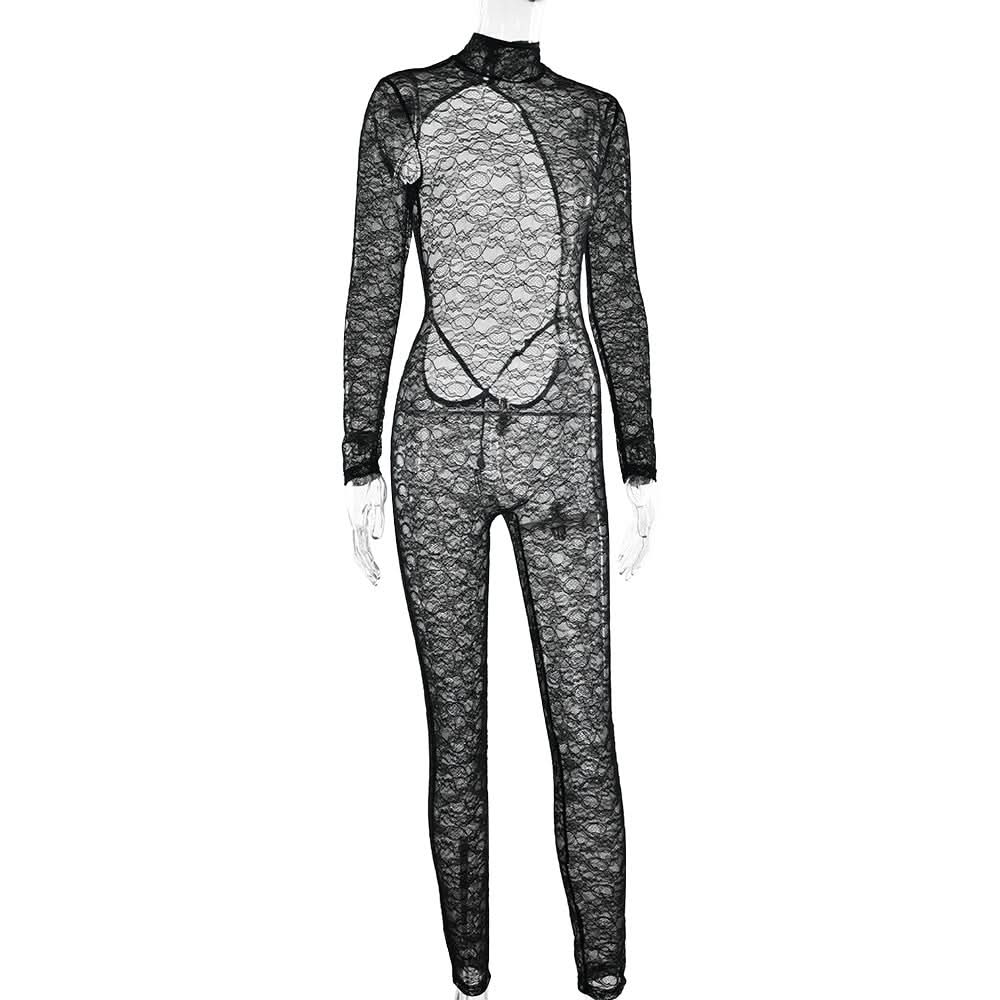 High neck long sleeve lace backless jumpsuit  | Festival Outfits Women