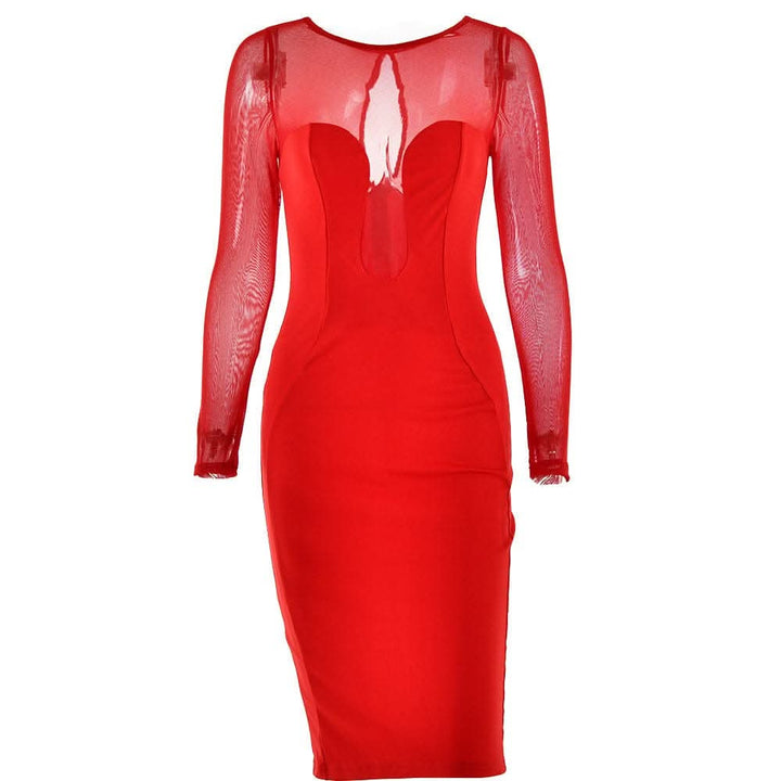 Long sleeve mesh patchwork button midi dress-final-sale  | Festival Outfits Women