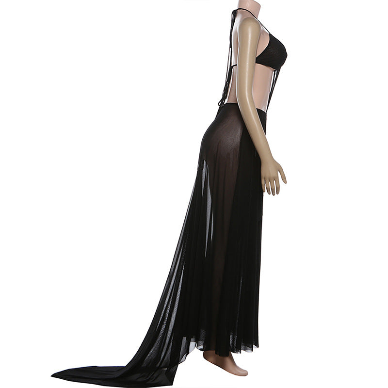 Self tie halter u neck hollow out mesh maxi dress