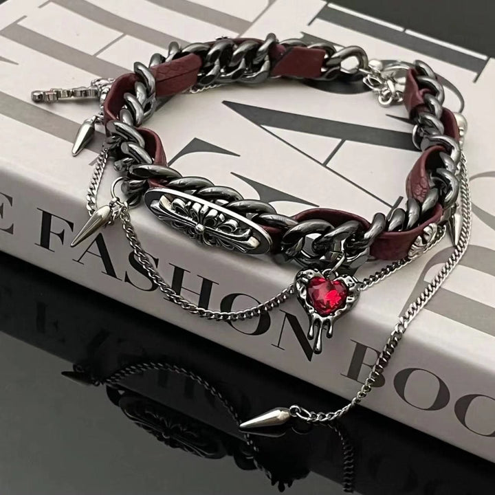 Metal tag heart rivet PU leather choker necklace  | Festival Outfits Women