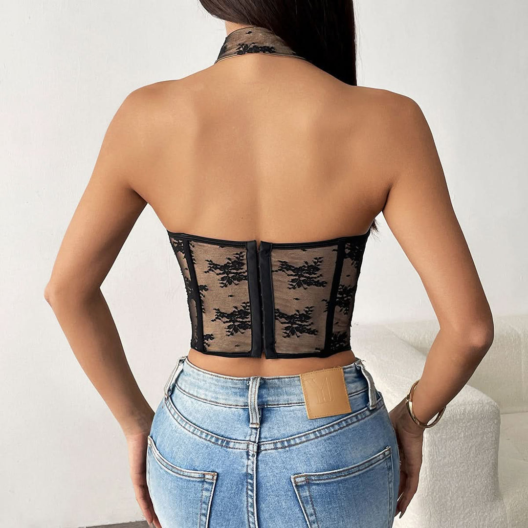 Halter button lace hollow out corset cut out top  | Festival Outfits Women