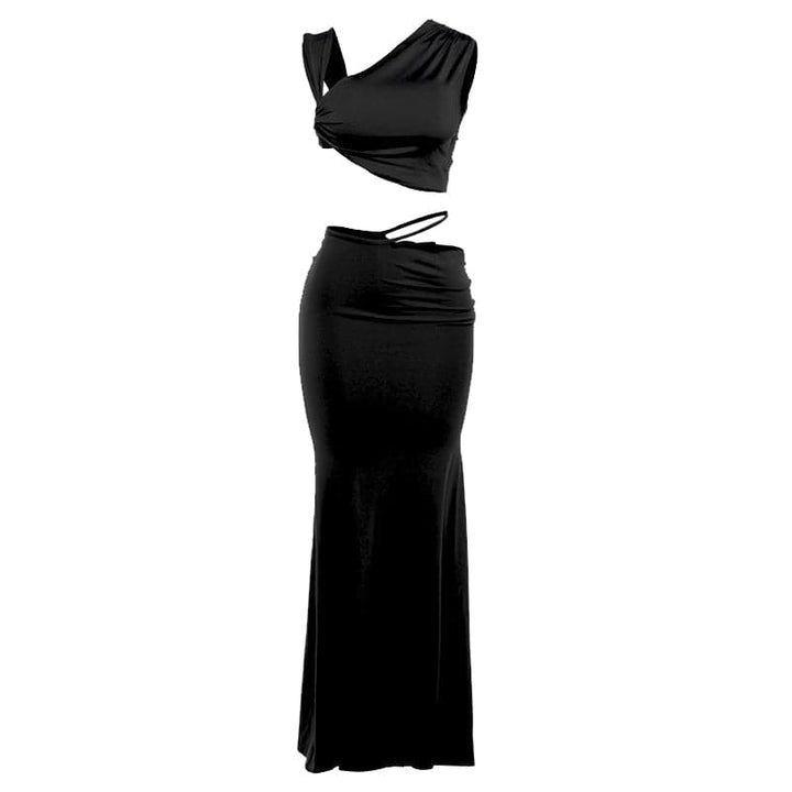 Ruched irregular solid crop maxi skirt set-final-sale  | Festival Outfits Women