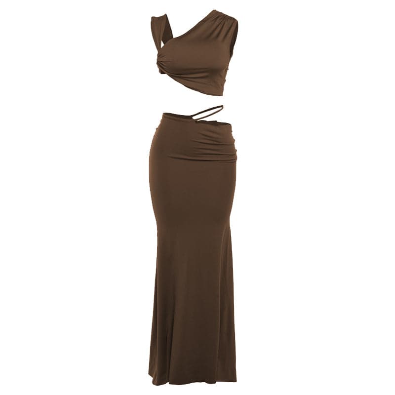 Ruched irregular solid crop maxi skirt set-final-sale  | Festival Outfits Women