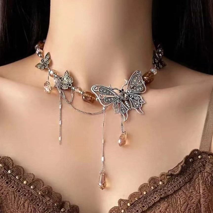 Butterfly pendant beaded crystal necklace  | Festival Outfits Women
