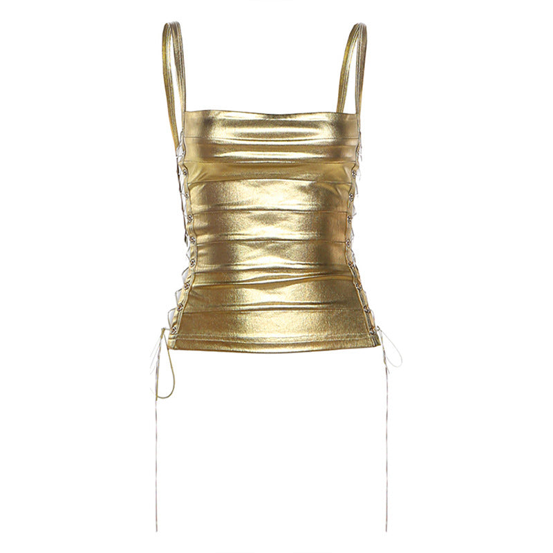 Metallic square neck lace up hollow out cami top