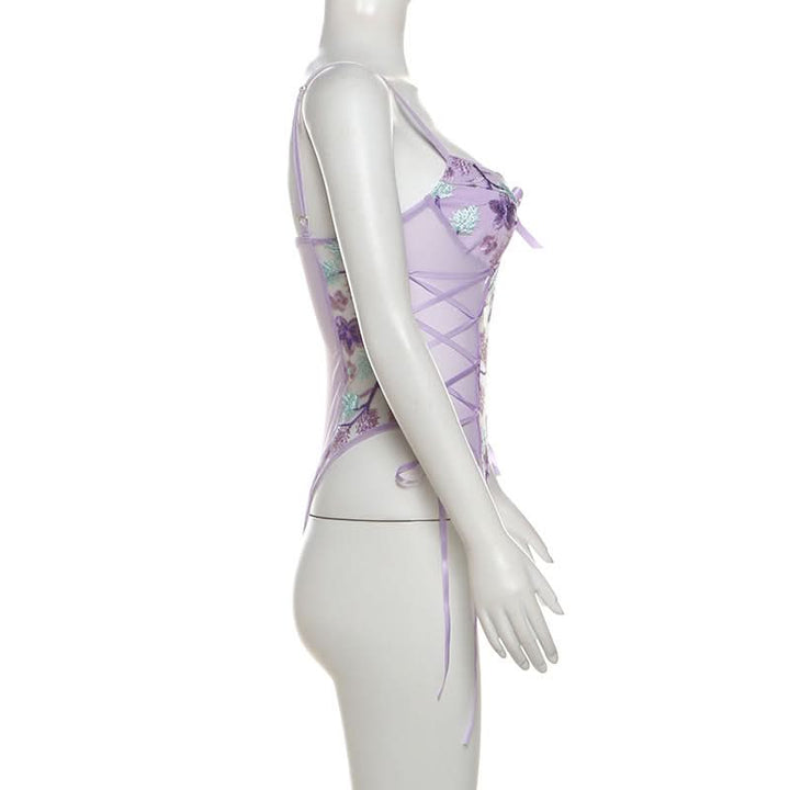 Flower embroidery bowknot mesh lace up cami bodysuit  | Festival Outfits Women