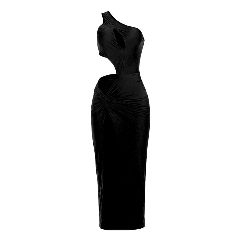 One shoulder hollow out ruched high slit cut out midi dress  | Festival Outfits Women