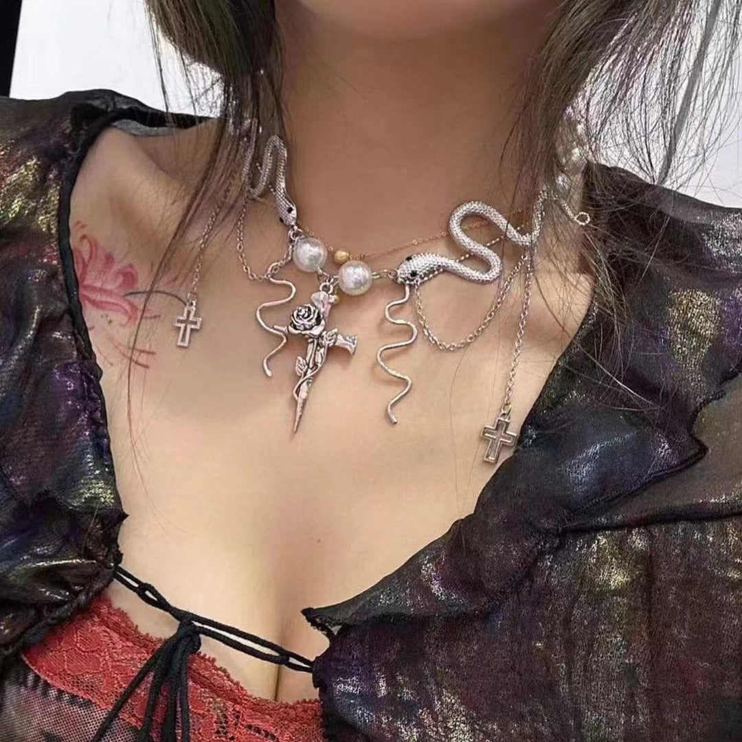 Rose cross snake faux pearl choker necklace  | Festival Outfits Women