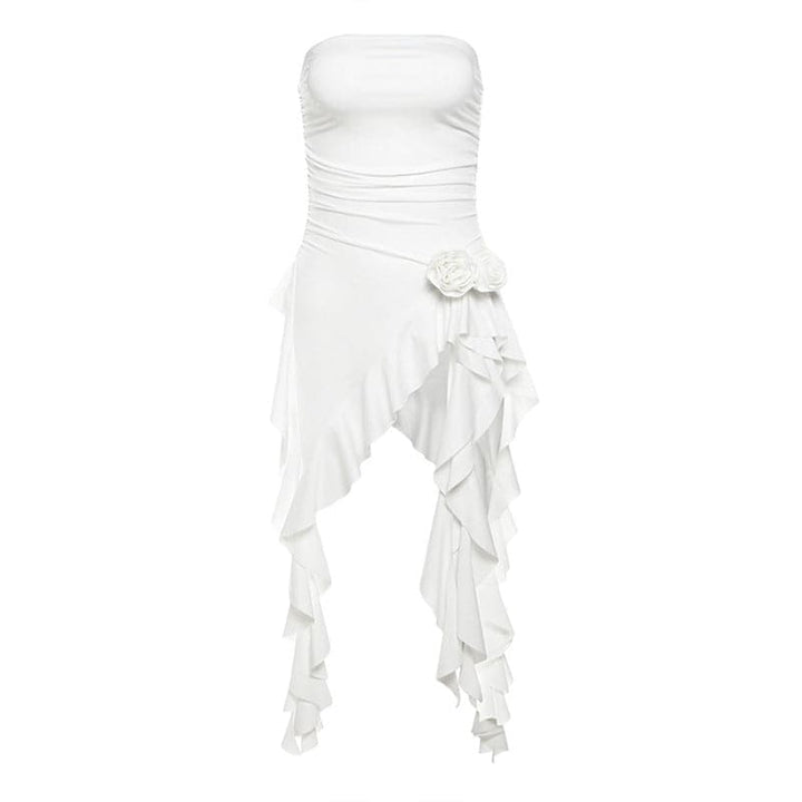 Rose applique ruffle ruched tube top  | Festival Outfits Women-final-sale