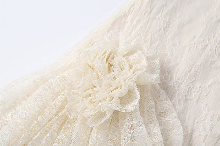 Lace ruched flower applique irregular cami maxi dress
