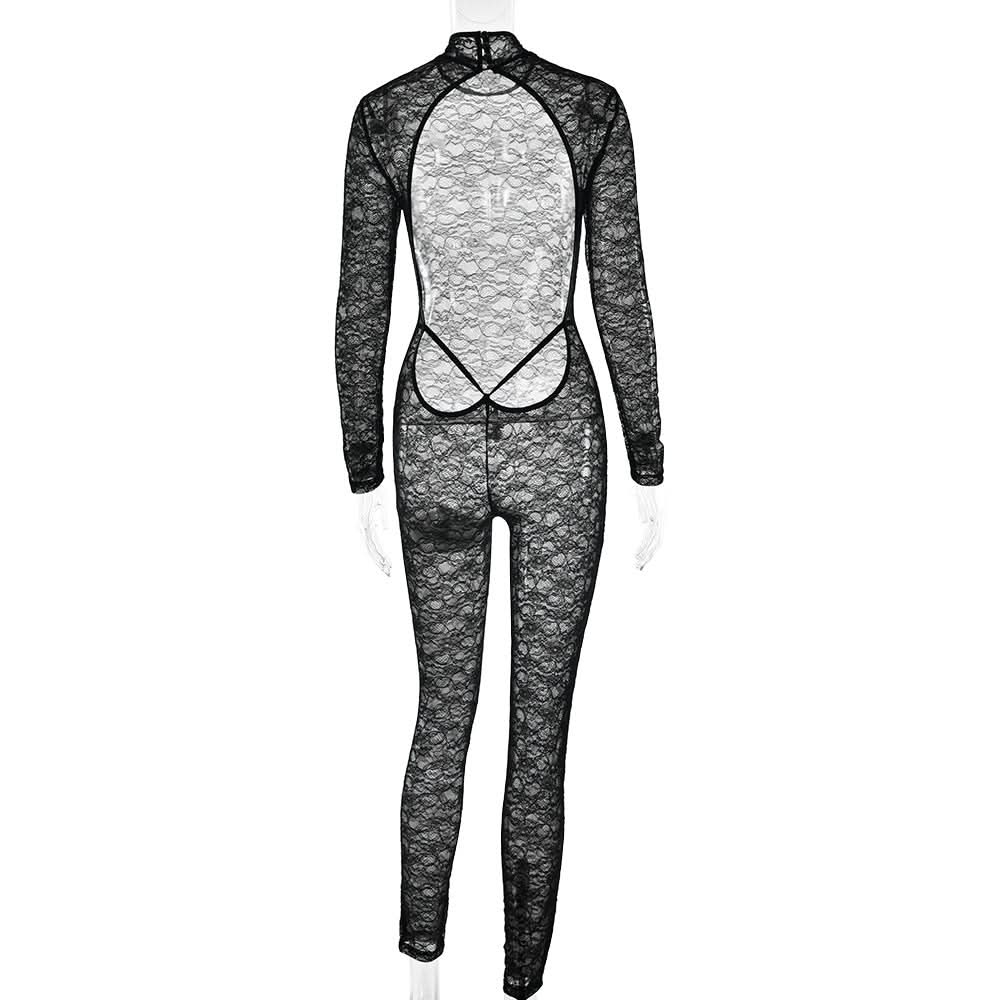 High neck long sleeve lace backless jumpsuit  | Festival Outfits Women
