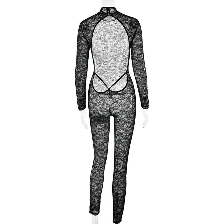 High neck long sleeve lace backless jumpsuit  | Festival Outfits Women