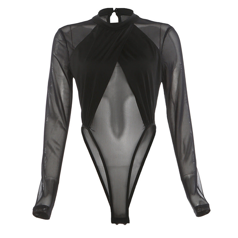 Long sleeve mesh crewneck button solid bodysuit