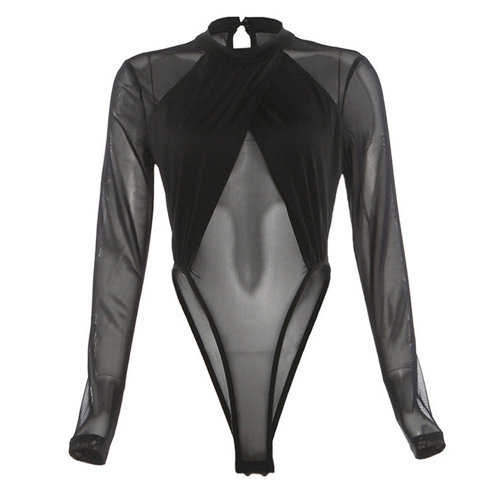 Long sleeve mesh crewneck button solid bodysuit