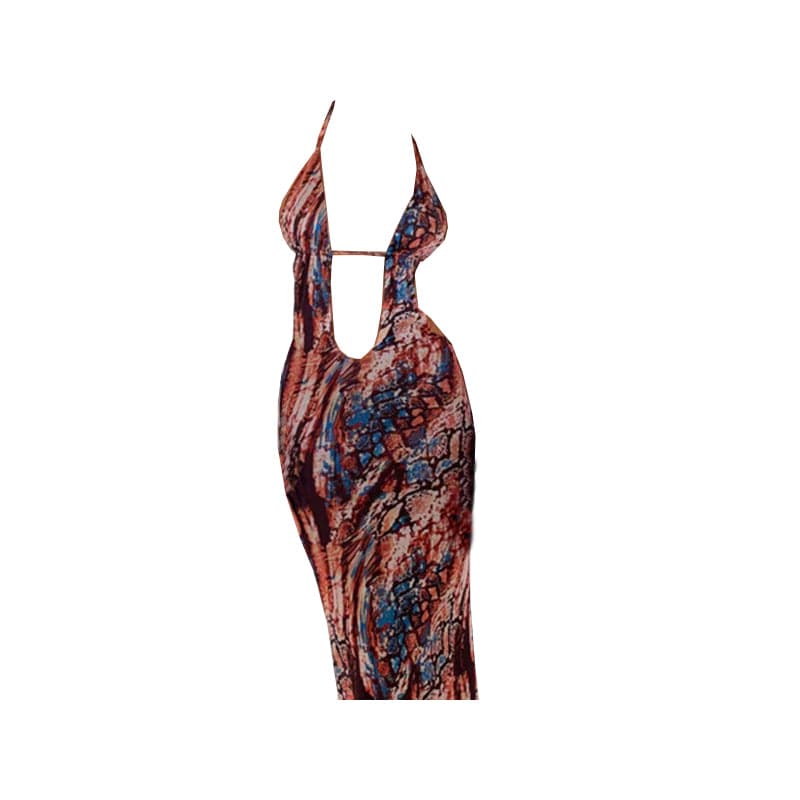 Halter deep v neck print maxi dress  | Festival Outfits Women
