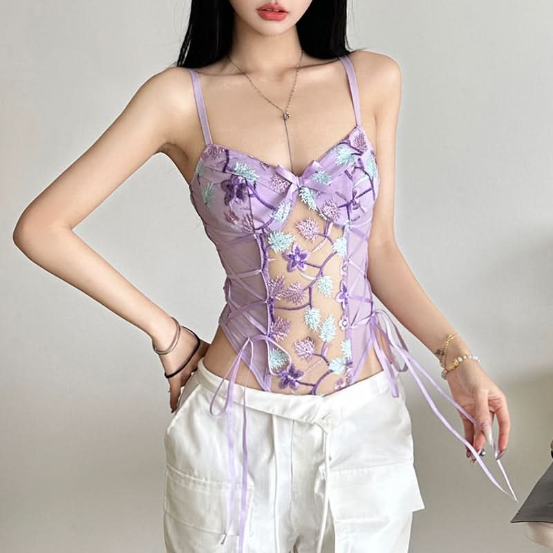 Flower embroidery bowknot mesh lace up cami bodysuit  | Festival Outfits Women