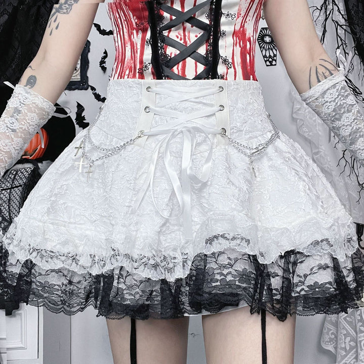 Lace up metal chain lace hem mini skirt  | Festival Outfits Women