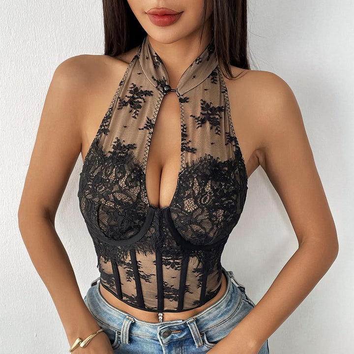 Halter button lace hollow out corset cut out top  | Festival Outfits Women