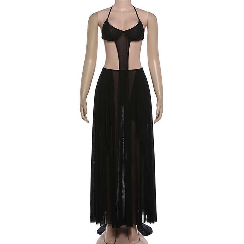 Self tie halter u neck hollow out mesh maxi dress