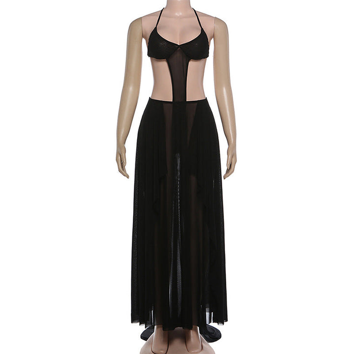 Self tie halter u neck hollow out mesh maxi dress