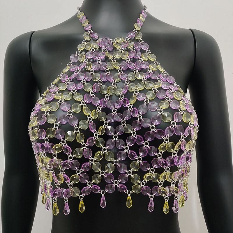 Halter hollow out crystal beaded crop cut out top  | Festival Outfits Women