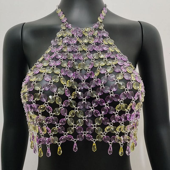 Halter hollow out crystal beaded crop cut out top  | Festival Outfits Women