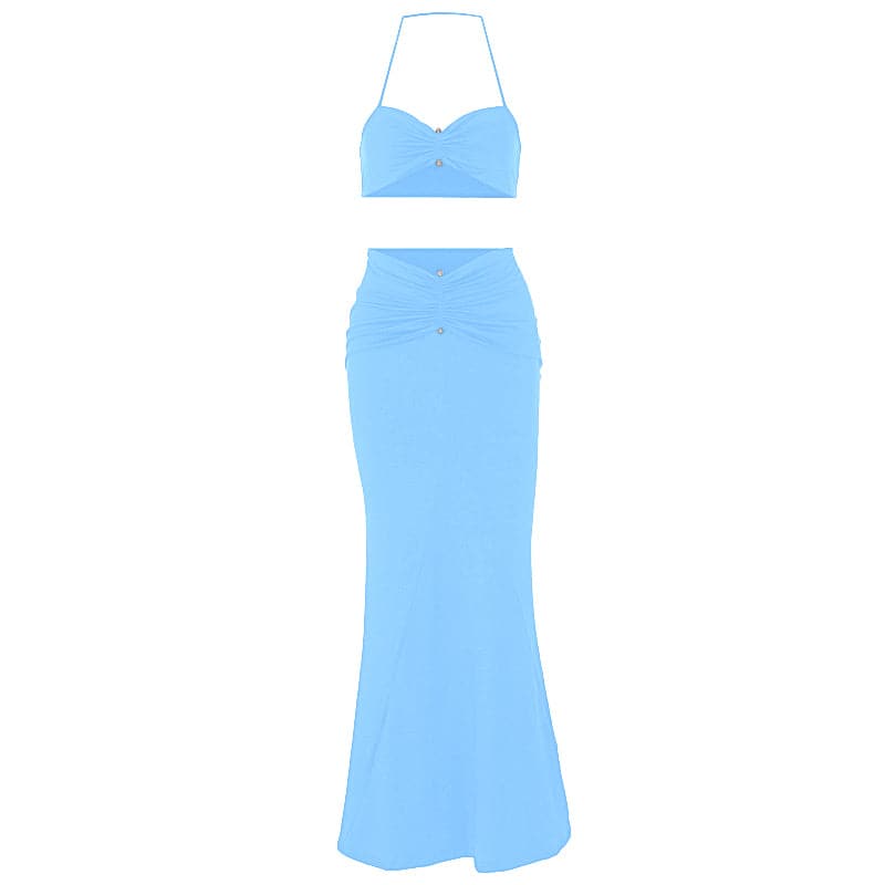 Halter sweetheart neck ruched maxi skirt set  | Festival Outfits Women