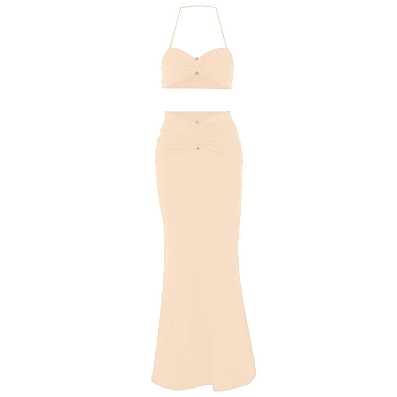 Halter sweetheart neck ruched maxi skirt set  | Festival Outfits Women