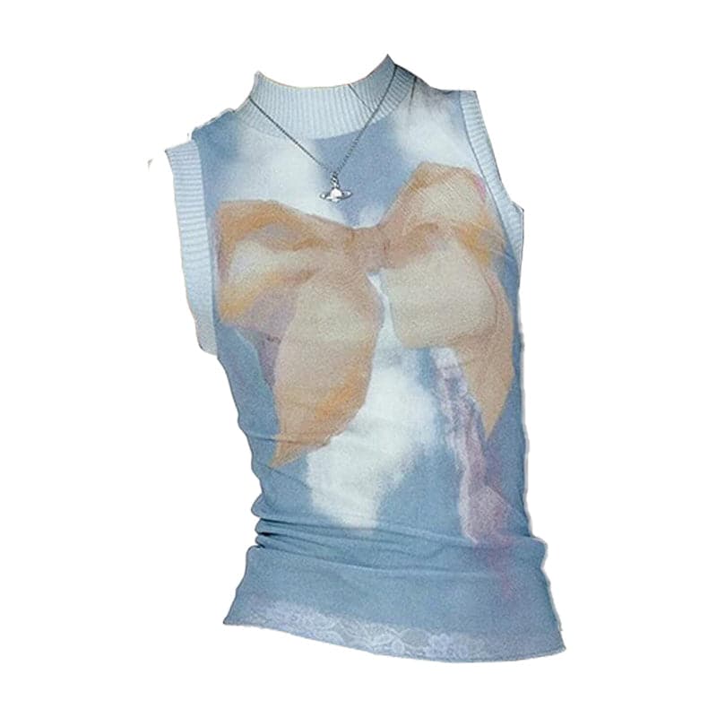 High neck sleeveless knitted patchwork print top  | Festival Outfits Women