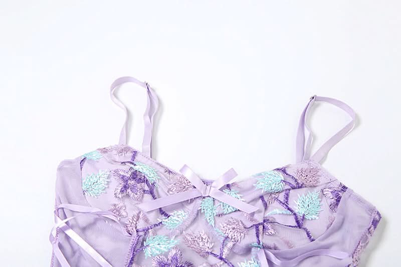 Flower embroidery bowknot mesh lace up cami bodysuit  | Festival Outfits Women