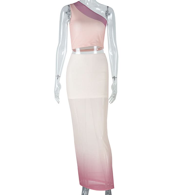 Irregular one shoulder mesh gradient maxi skirt set  | Festival Outfits Women