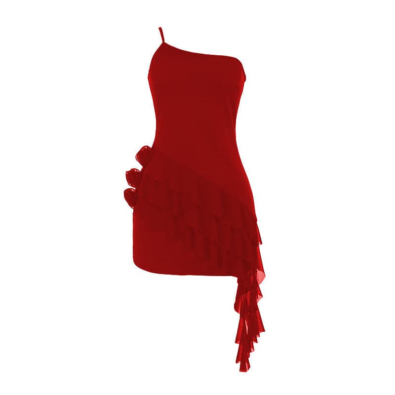One shoulder ruffle flower applique mini dress  | Festival Outfits Women
