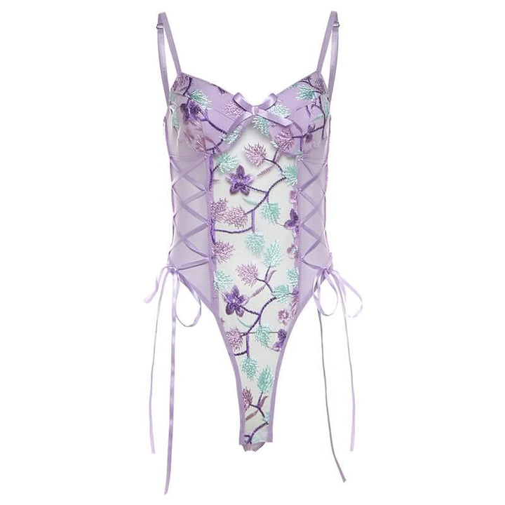 Flower embroidery bowknot mesh lace up cami bodysuit  | Festival Outfits Women
