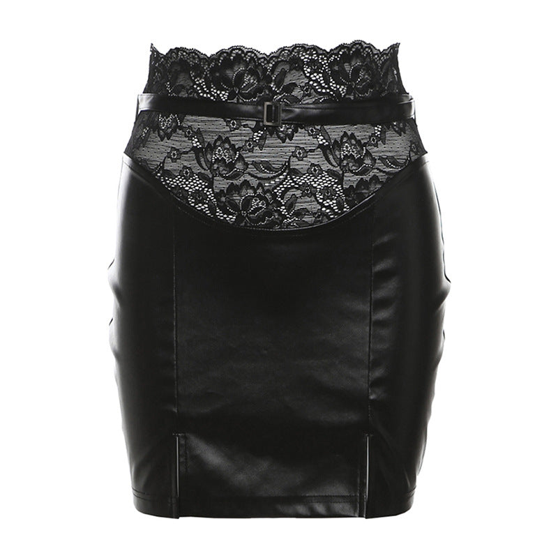 Lace hem gloves PU leather v neck cami mini skirt set-final-sale Cargo Mini Skirt