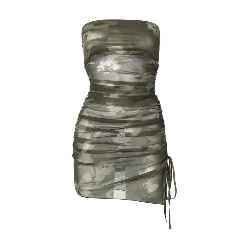Drawstring tie dye mesh ruched tube mini dress  | Festival Outfits Women