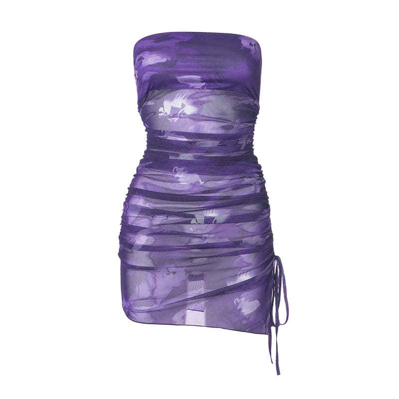 Drawstring tie dye mesh ruched tube mini dress  | Festival Outfits Women