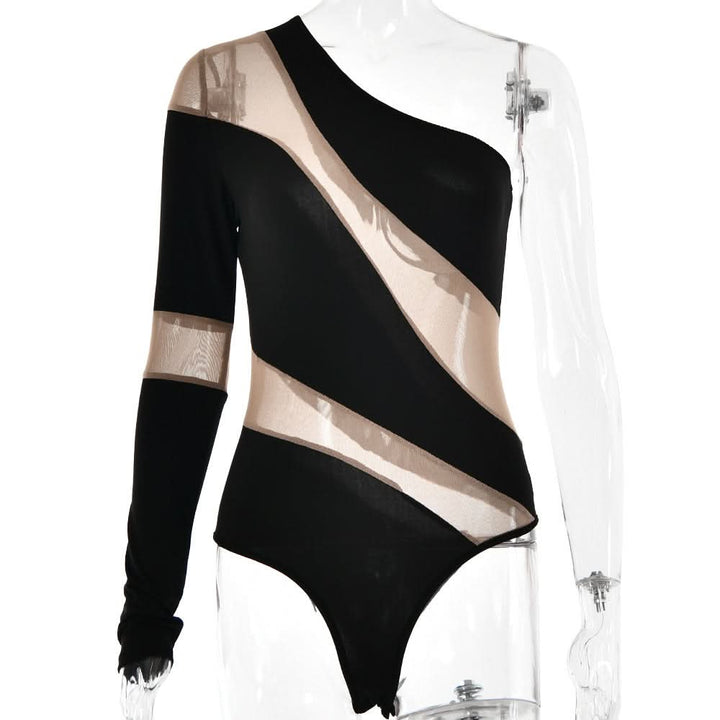 Irregular one shoulder mesh button bodysuit  | Festival Outfits Women