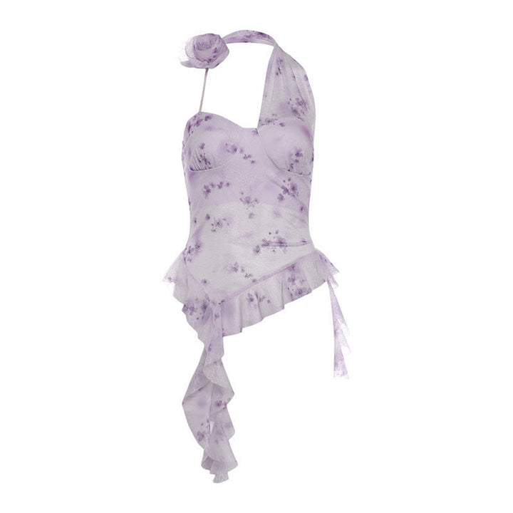 Halter flower applique print irregular lace top