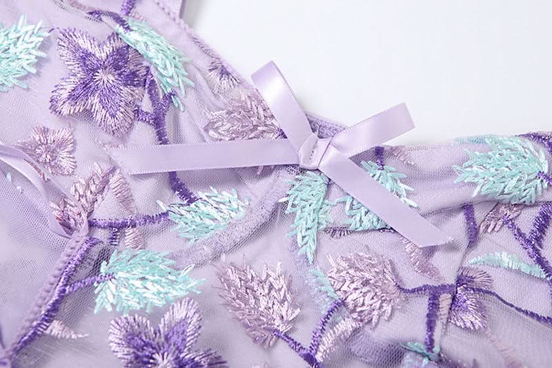Flower embroidery bowknot mesh lace up cami bodysuit  | Festival Outfits Women
