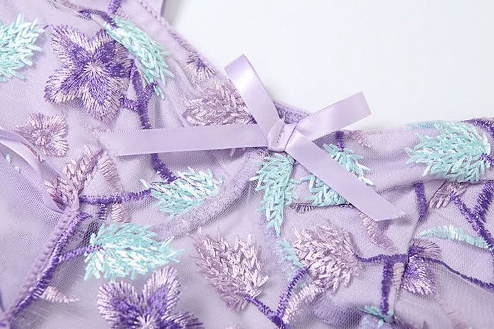 Flower embroidery bowknot mesh lace up cami bodysuit  | Festival Outfits Women