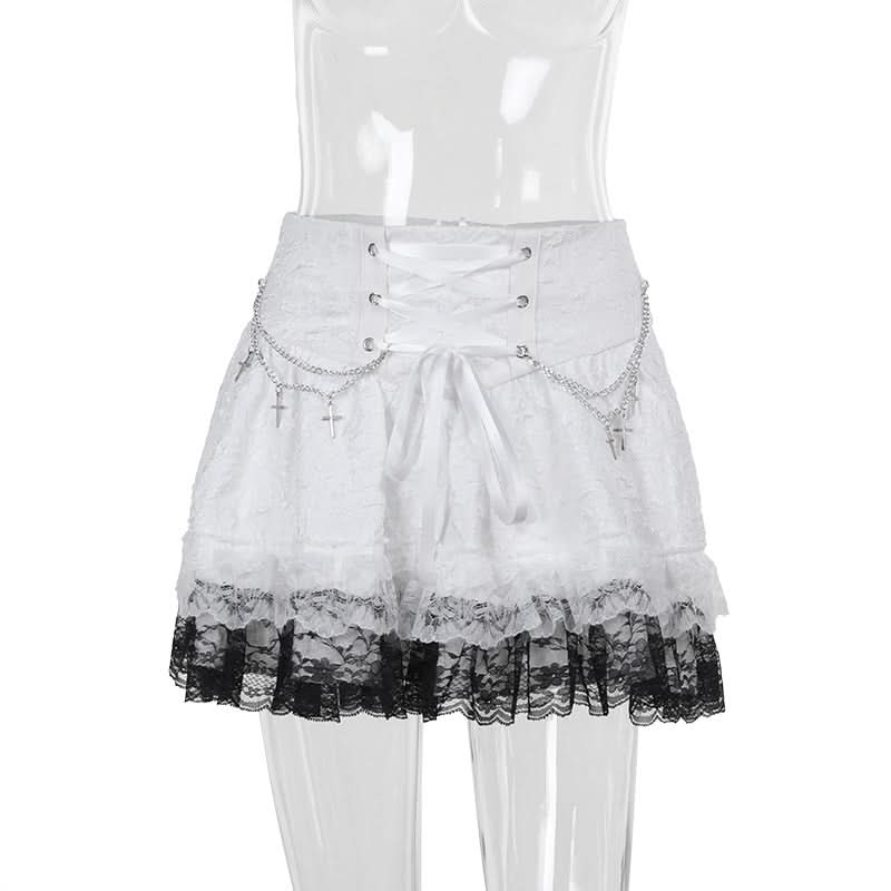 Lace up metal chain lace hem mini skirt  | Festival Outfits Women