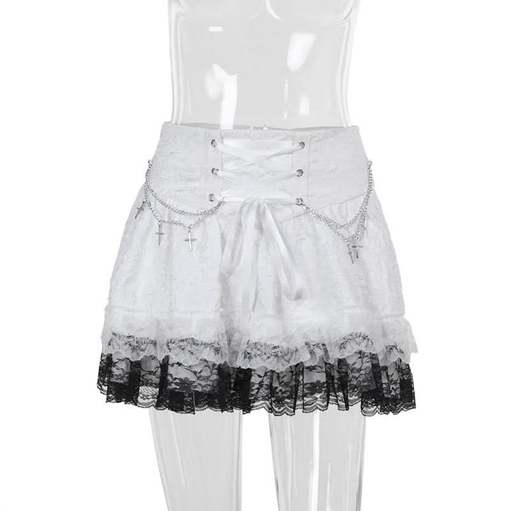 Lace up metal chain lace hem mini skirt  | Festival Outfits Women