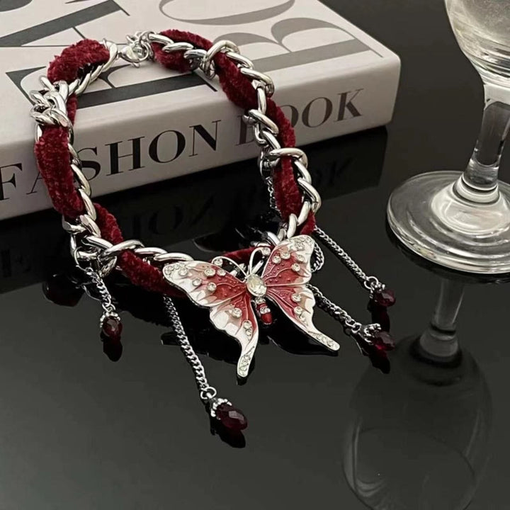 Red butterfly pendant fluffy choker necklace  | Festival Outfits Women
