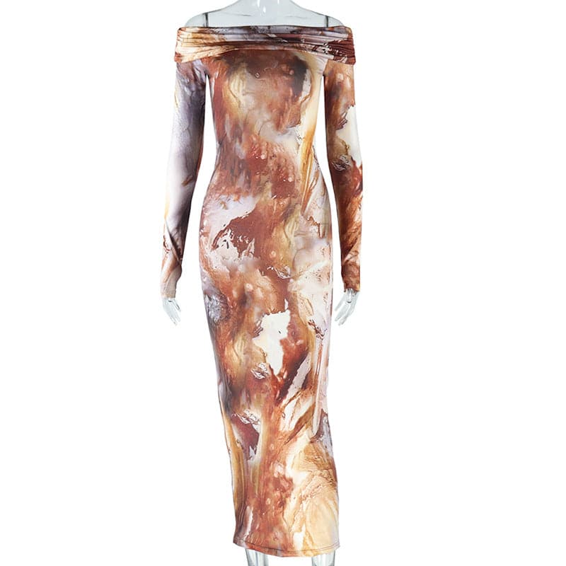 Long sleeve off shoulder ruched tie dye midi dress  | Festival Outfits Women