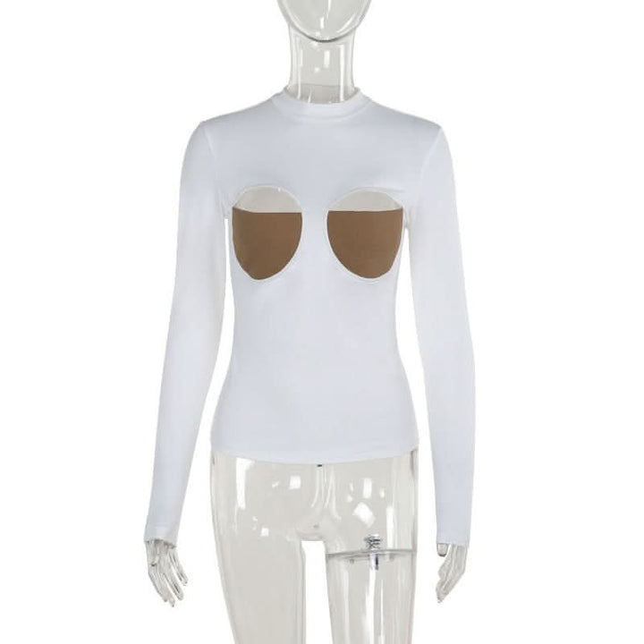 Long sleeve crewneck patchwork hollow out cut out top-final-sale  | Festival Outfits Women
