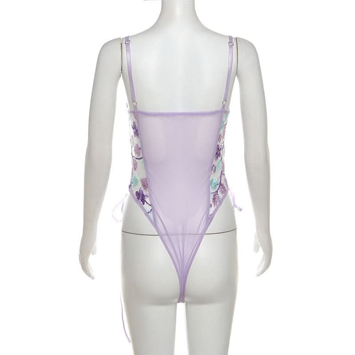Flower embroidery bowknot mesh lace up cami bodysuit  | Festival Outfits Women
