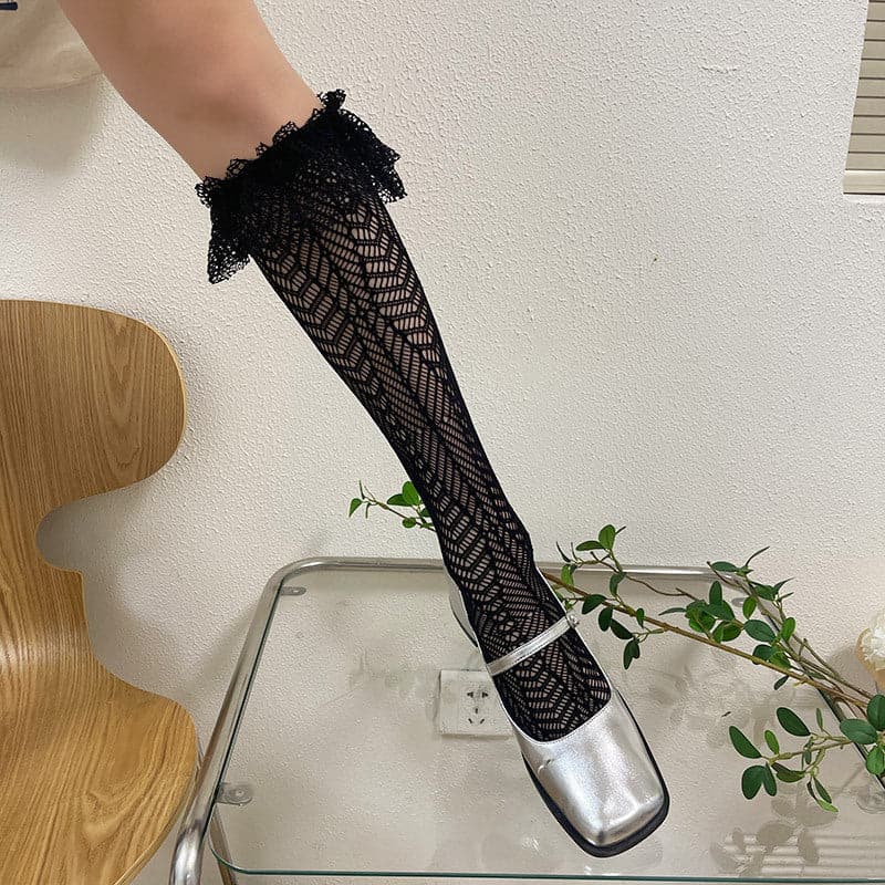Sheer lace ruffle solid thigh high socks  | Festival Outfits Women