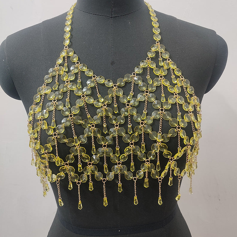 Metal chain plastic crystal halter backless crop top  | Festival Outfits Women